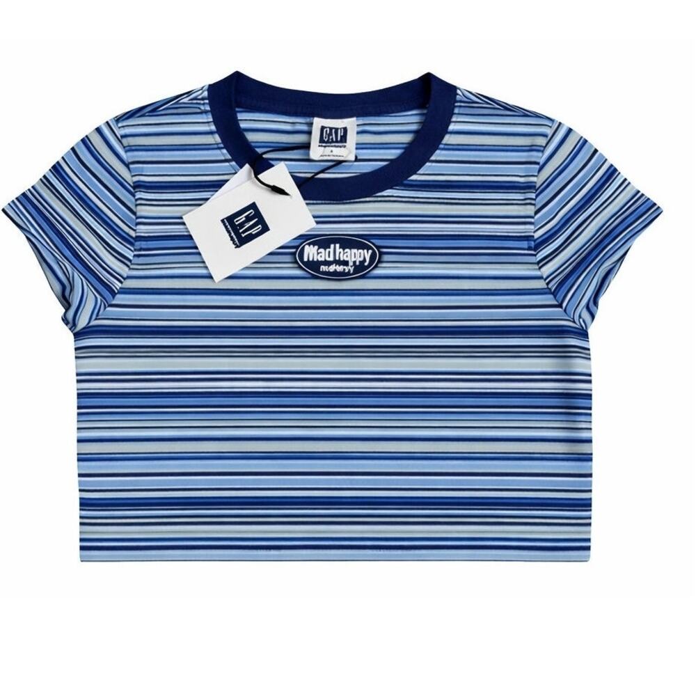 Womens Y2K Baby Tee Madhappy x Gap Coastal Blue White Stripe Madhappy Logo Small